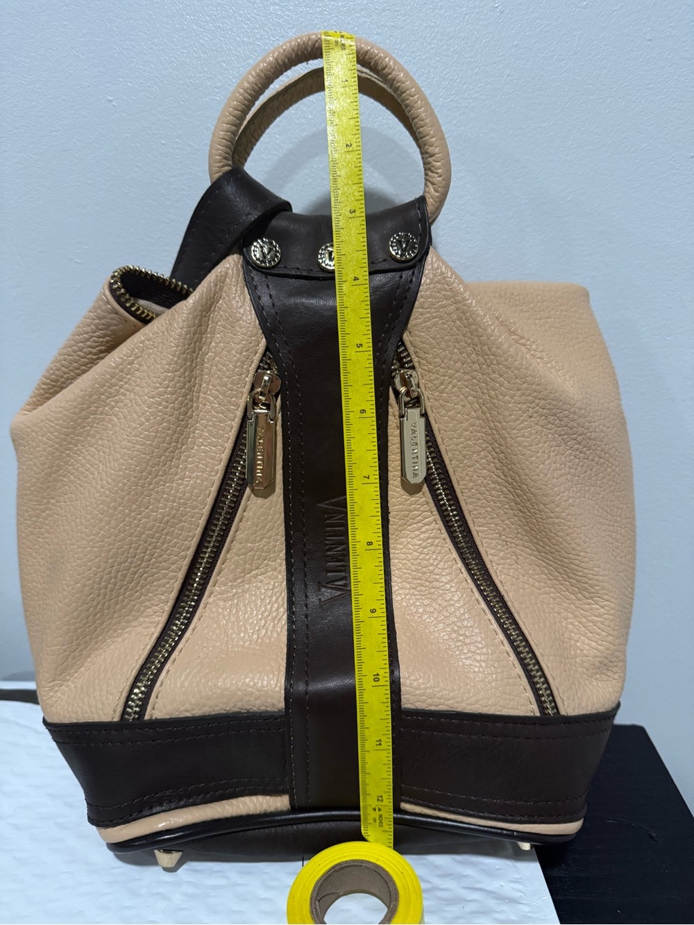 Valentina Beige and Dark Brown Leather Mini Backpack , made in Italy - Picture 8 of 9